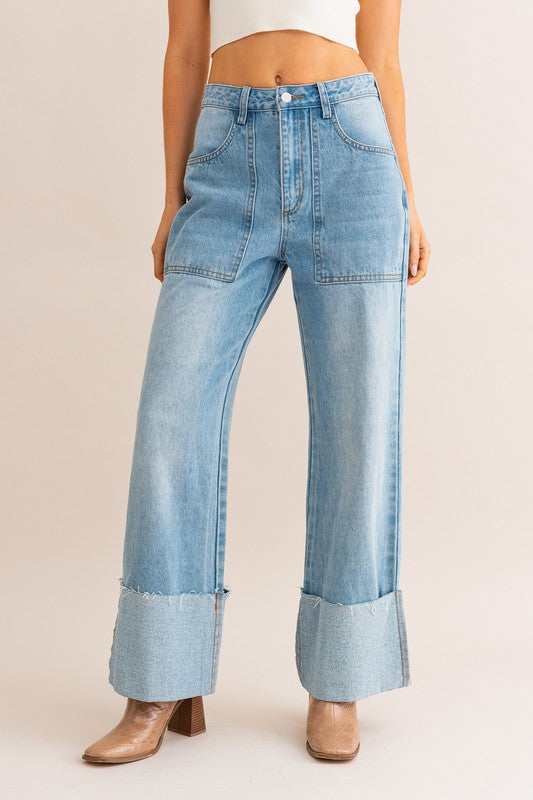 HIGH-WAIST WIDE LEG CUFFED DENIM JEANS