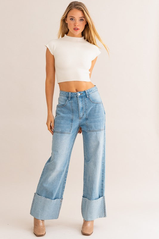 HIGH-WAIST WIDE LEG CUFFED DENIM JEANS