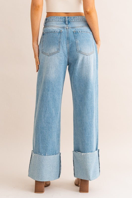 HIGH-WAIST WIDE LEG CUFFED DENIM JEANS