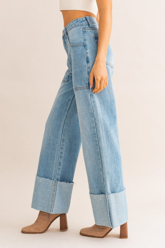 HIGH-WAIST WIDE LEG CUFFED DENIM JEANS