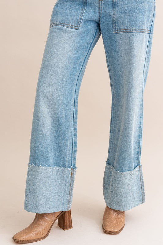 HIGH-WAIST WIDE LEG CUFFED DENIM JEANS