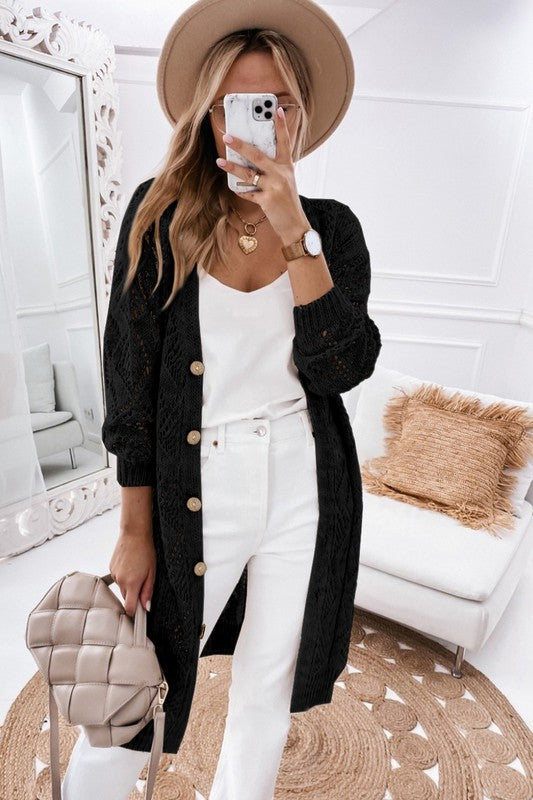 EYELET SWEATER BUTTON CREAM BLACK CARDIGAN