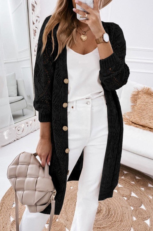 EYELET SWEATER BUTTON CREAM BLACK CARDIGAN