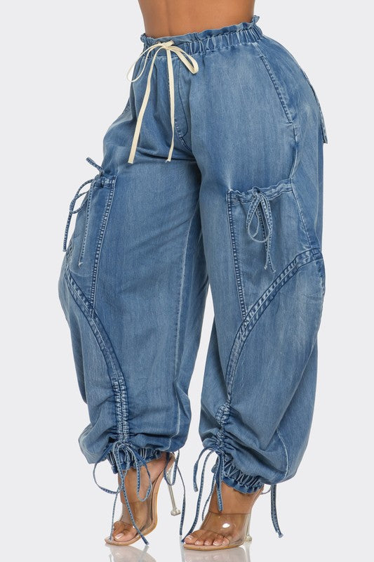 URBAN CHIC DRAWSTRING DENIM CARGO PANTS