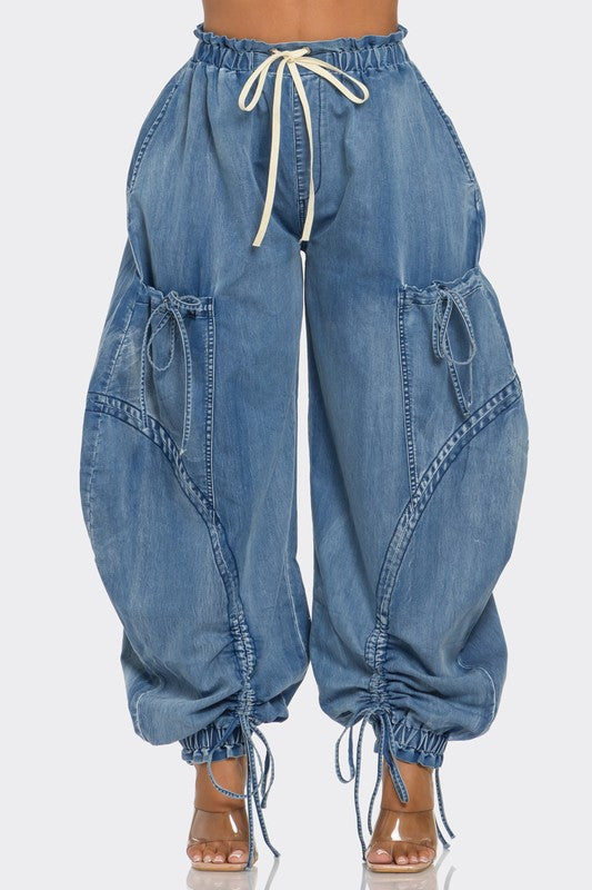 URBAN CHIC DRAWSTRING DENIM CARGO PANTS