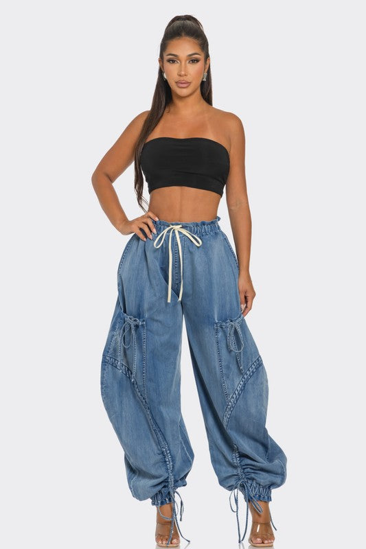 URBAN CHIC DRAWSTRING DENIM CARGO PANTS