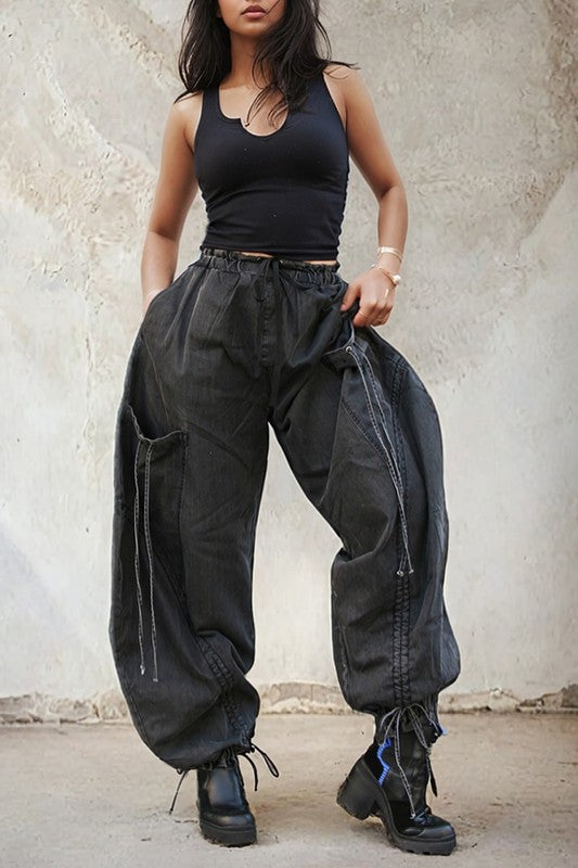 URBAN CHIC DRAWSTRING DENIM CARGO PANTS