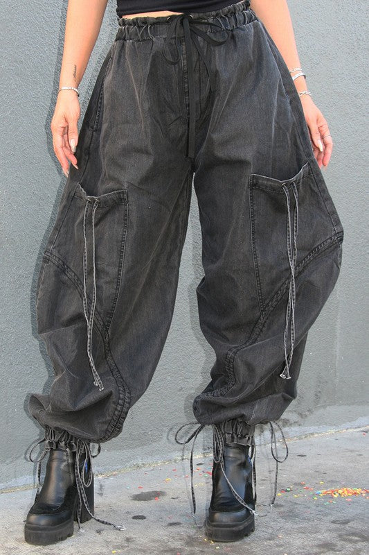 URBAN CHIC DRAWSTRING DENIM CARGO PANTS