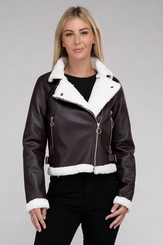 PLUSH TEDDY TRIMMED PU JACKET