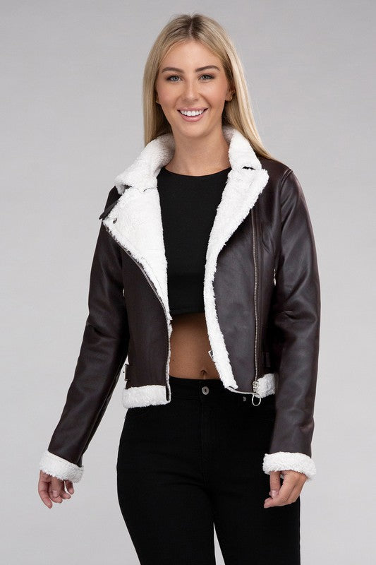 PLUSH TEDDY TRIMMED PU JACKET